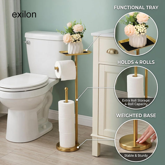 Exilon Toilet Paper Holder Stand for Bathroom Floor Freestanding Toilet Roll Dispenser Storages 4 Reserve Rolls, with Top Storage Shelf for Cell Phone (Brushed Nickel)