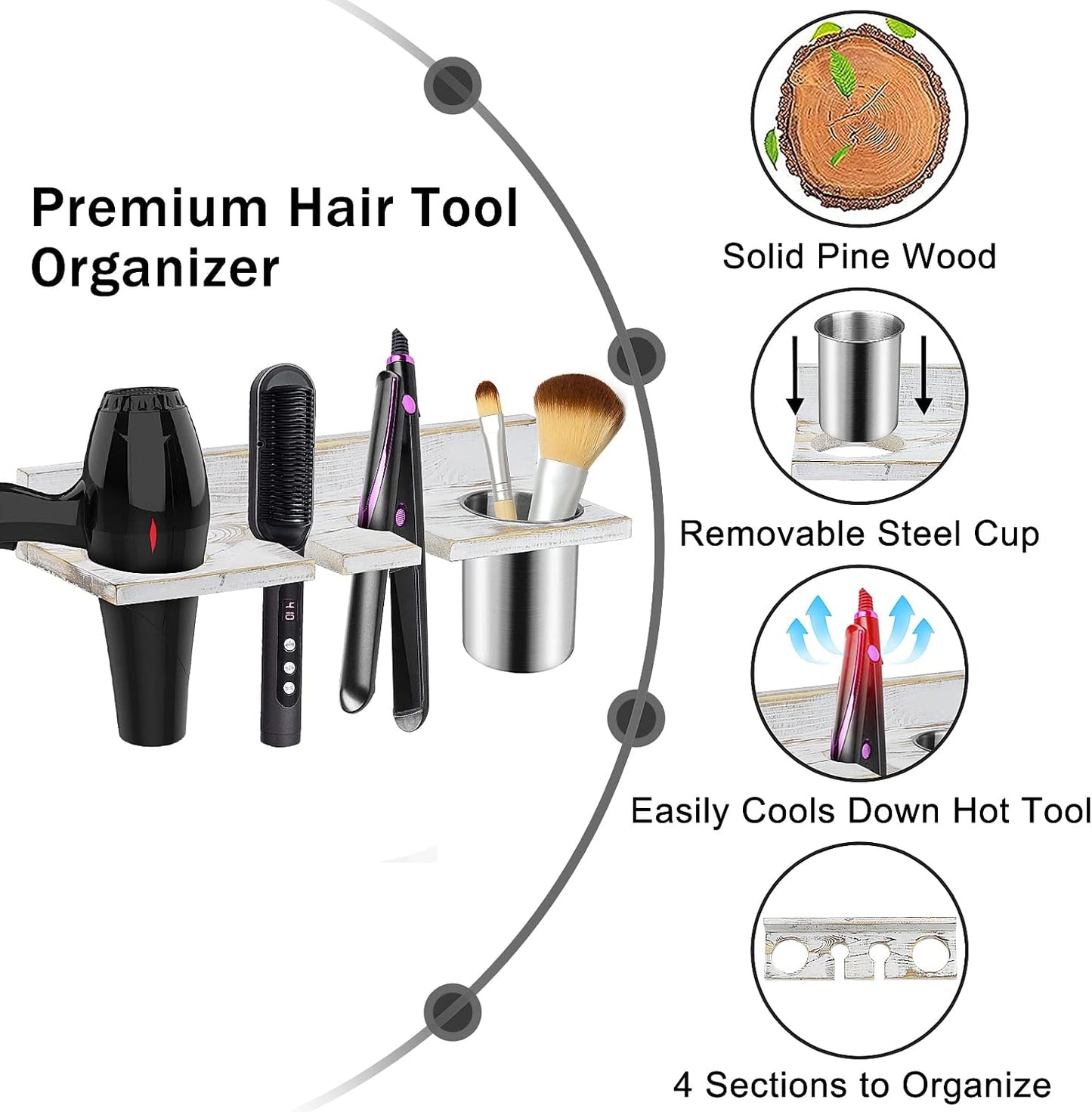 Hair Tool Organizer Wall Mounted - Wooden Dryer Holder, Blow Dryer Holder for Bathroom, Rustic Styling Tools Organizer for Flat Iron, Curling Wand, Hair Straighteners, Brushes, Black