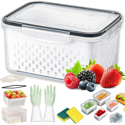 4 in 1 Food Storage Container with Lid, 2026 New Fruit Storage Containers for Fridge, Transparent Produce Storage Box with Drain Basket & Removable Colander for Salad Berry Vegetables (Blue, S/M/L)