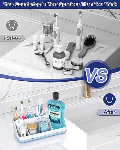 Bathroom Counter Organizer and Storage, 7 Slots Detachable Toothbrush Holders for Bathrooms, Anti-Slip Electric Toothbrush and Toothpaste Holder Countertop Vanity Organizer Accessories for Adults Kids