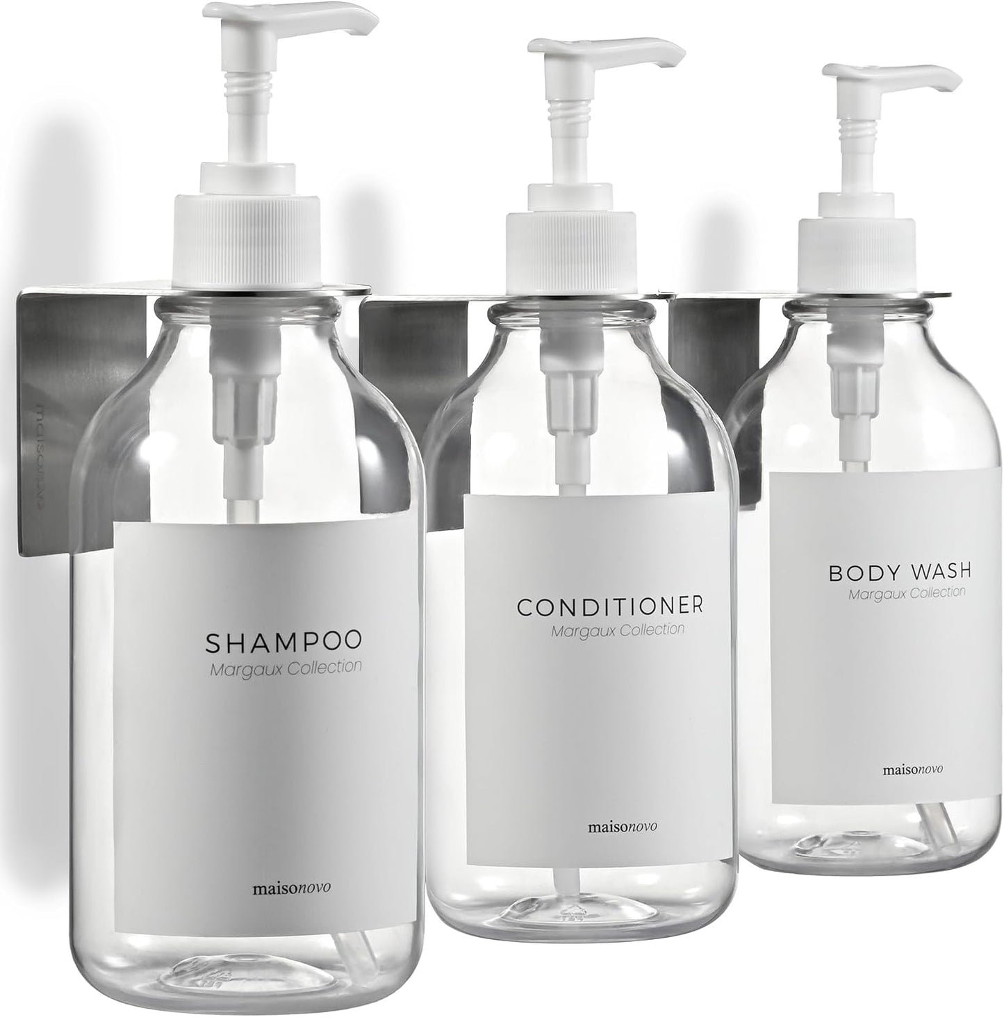 MaisoNovo Shampoo and Conditioner Dispenser|Refillable Black Set of 3 | 500 ml Shower Gel Dispenser Set of 3. Refillable Shampoo and Conditioner Bottles. Drill Free Secure Design. Black
