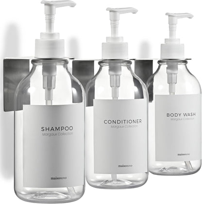 MaisoNovo Shampoo and Conditioner Dispenser|Refillable Black Set of 3 | 500 ml Shower Gel Dispenser Set of 3. Refillable Shampoo and Conditioner Bottles. Drill Free Secure Design. Black