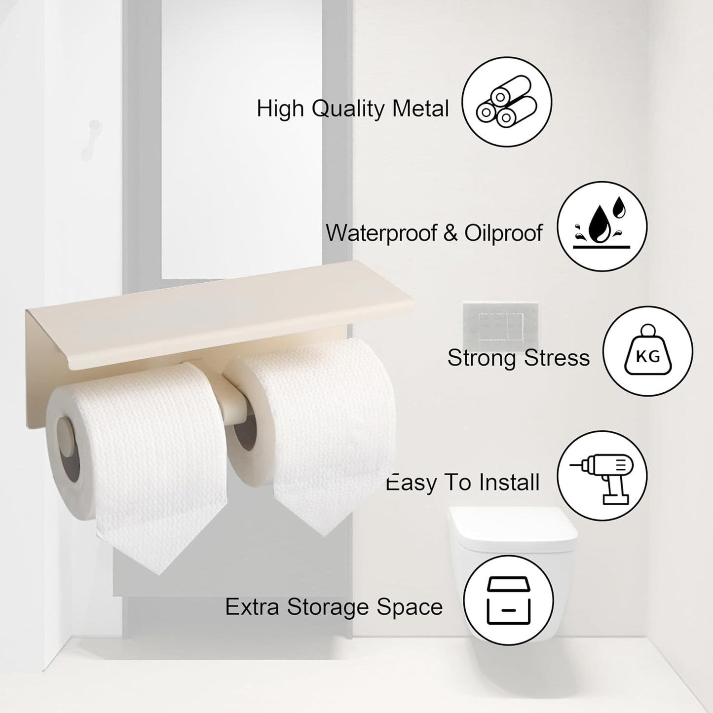 BGL Toilet Paper Holder with Shelf Matte Black, 304 Stainless Steel Wall Mount Toilet Tissue Roll Holder with Double Post for Bathroom, Commercial Toilet Paper Dispenser with Phone Shelf