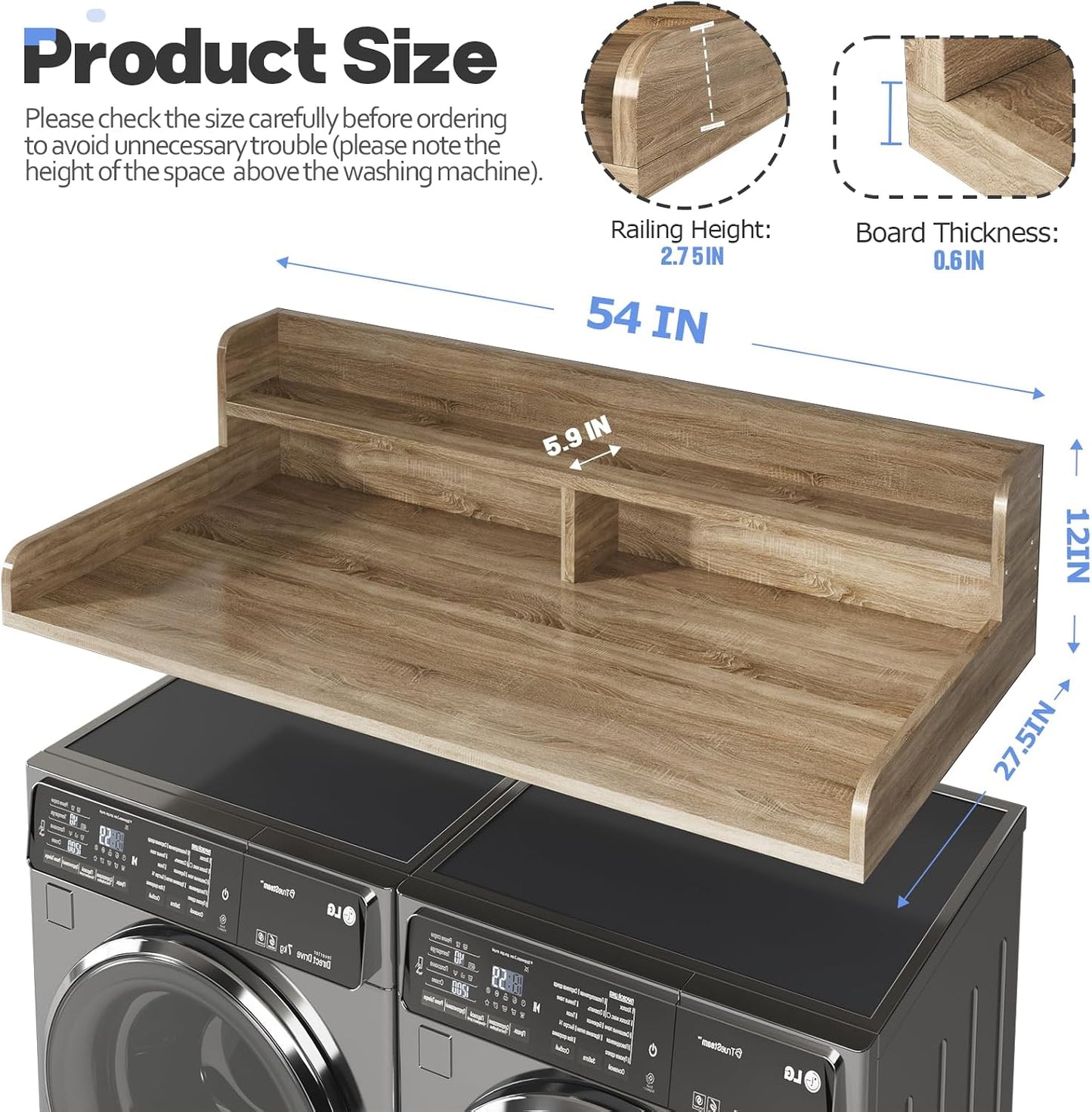 2-Tier Washer and Dryer Countertop with 2.75" H Guard,54" W x 27.5" D Laundry Countertop Cover with Non-Slip Pad,Large Space Laundry Topper for Folding Clothes Over Washer and Dryer-White
