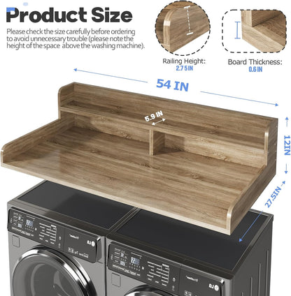2-Tier Washer and Dryer Countertop with 2.75" H Guard,54" W x 27.5" D Laundry Countertop Cover with Non-Slip Pad,Large Space Laundry Topper for Folding Clothes Over Washer and Dryer-White