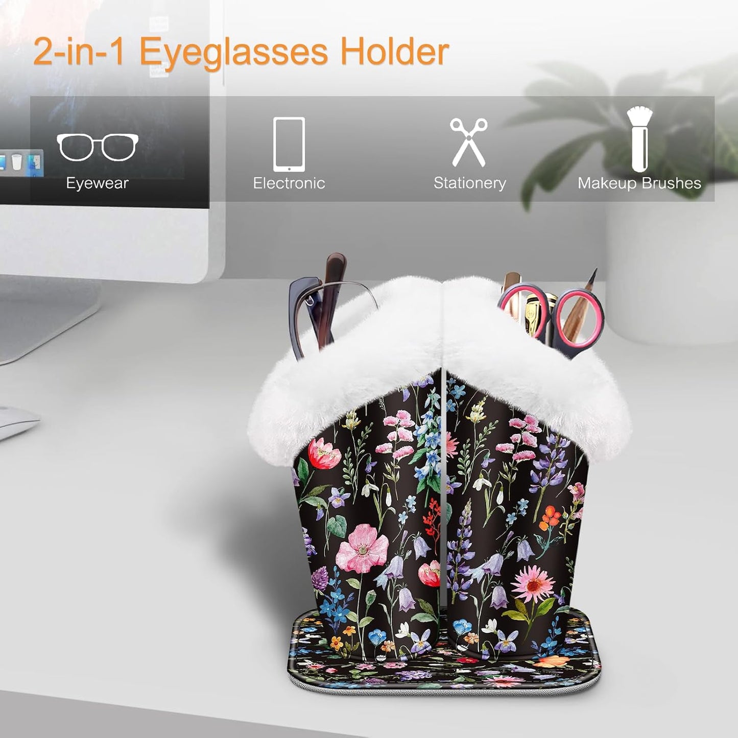 FINTIE Plush Lined Double Eyeglasses Holder with Magnetic Base for Desk | Soft Plush Lining, Glasses Stand Case For Nightstand / Bedside, Office Desktop Organizer, Small Item Storage