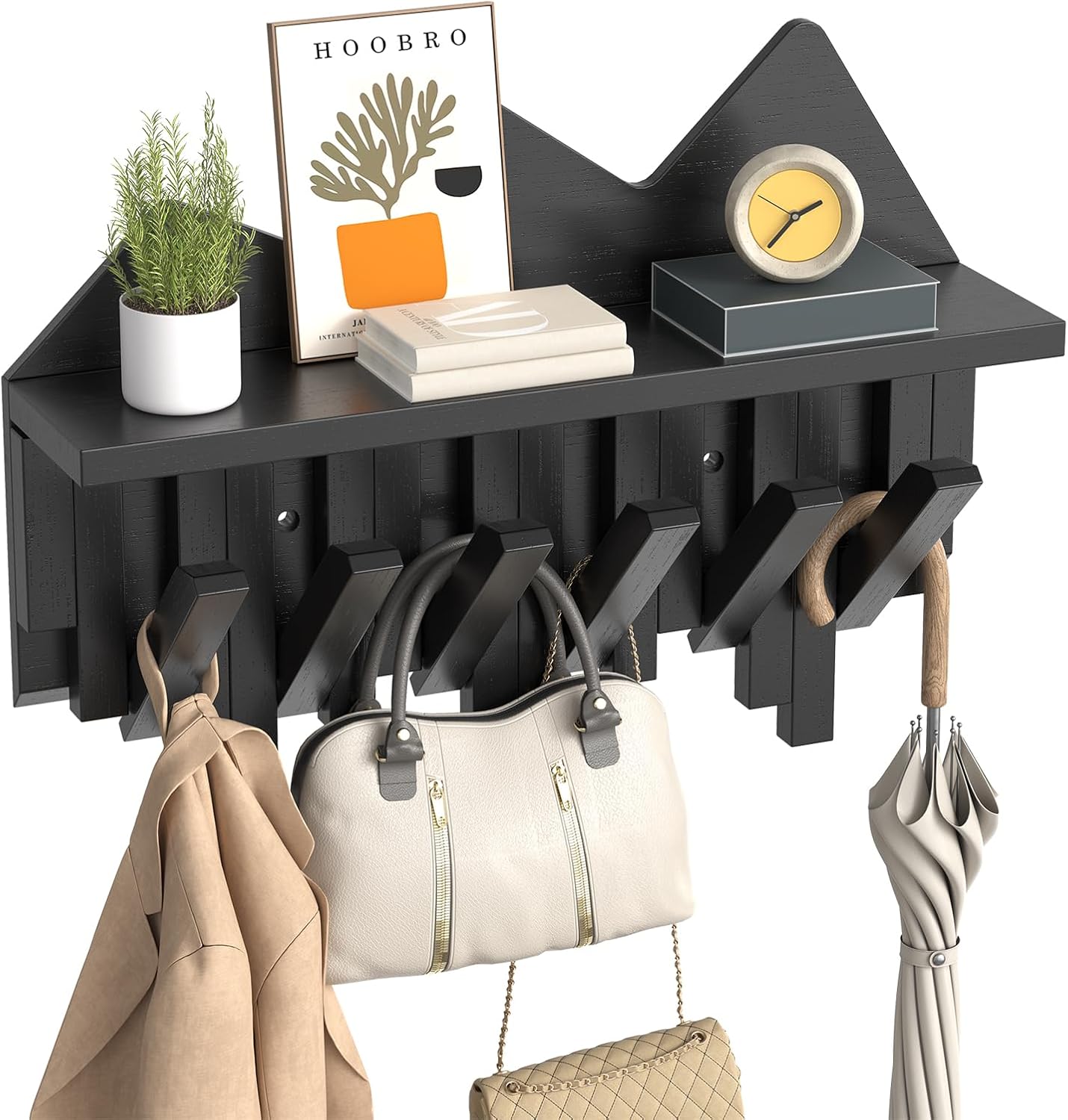 HOOBRO Wall Hooks with Shelf, Coat Rack with Shelf Wall-Mounted, Entryway Wall Key Holder, Hat Rack for Walls, Purse Hanger for Wall, Entryway Hanging Shelf with 6 Retractable Pegs, Black BK46YM01