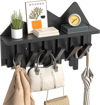 HOOBRO Wall Hooks with Shelf, Coat Rack with Shelf Wall-Mounted, Entryway Wall Key Holder, Hat Rack for Walls, Purse Hanger for Wall, Entryway Hanging Shelf with 6 Retractable Pegs, Black BK46YM01