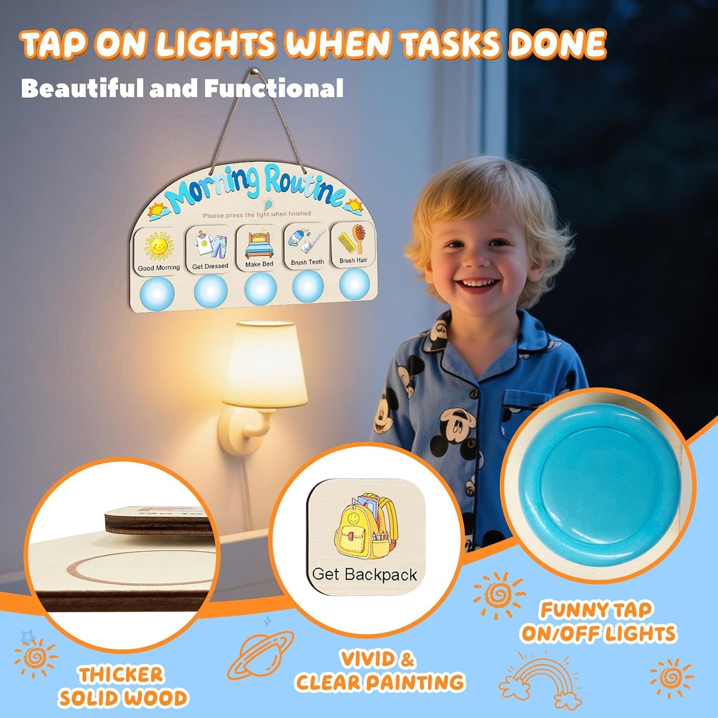 Upgraded Morning Routine Chart for Toddlers, Visual Schedule Chart | to Do List with 5 Tap Lights & 9 Activity Cards, Wooden Schedule Board for Kids, Preschoolers, Autism, ADHD Tools
