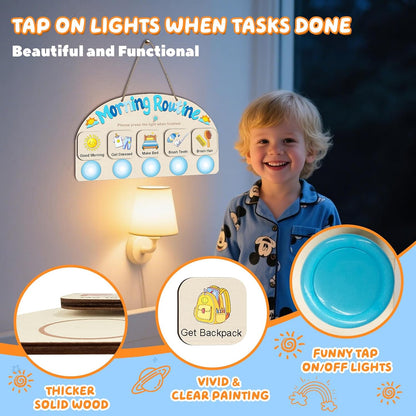 Upgraded Morning Routine Chart for Toddlers, Visual Schedule Chart | to Do List with 5 Tap Lights & 9 Activity Cards, Wooden Schedule Board for Kids, Preschoolers, Autism, ADHD Tools