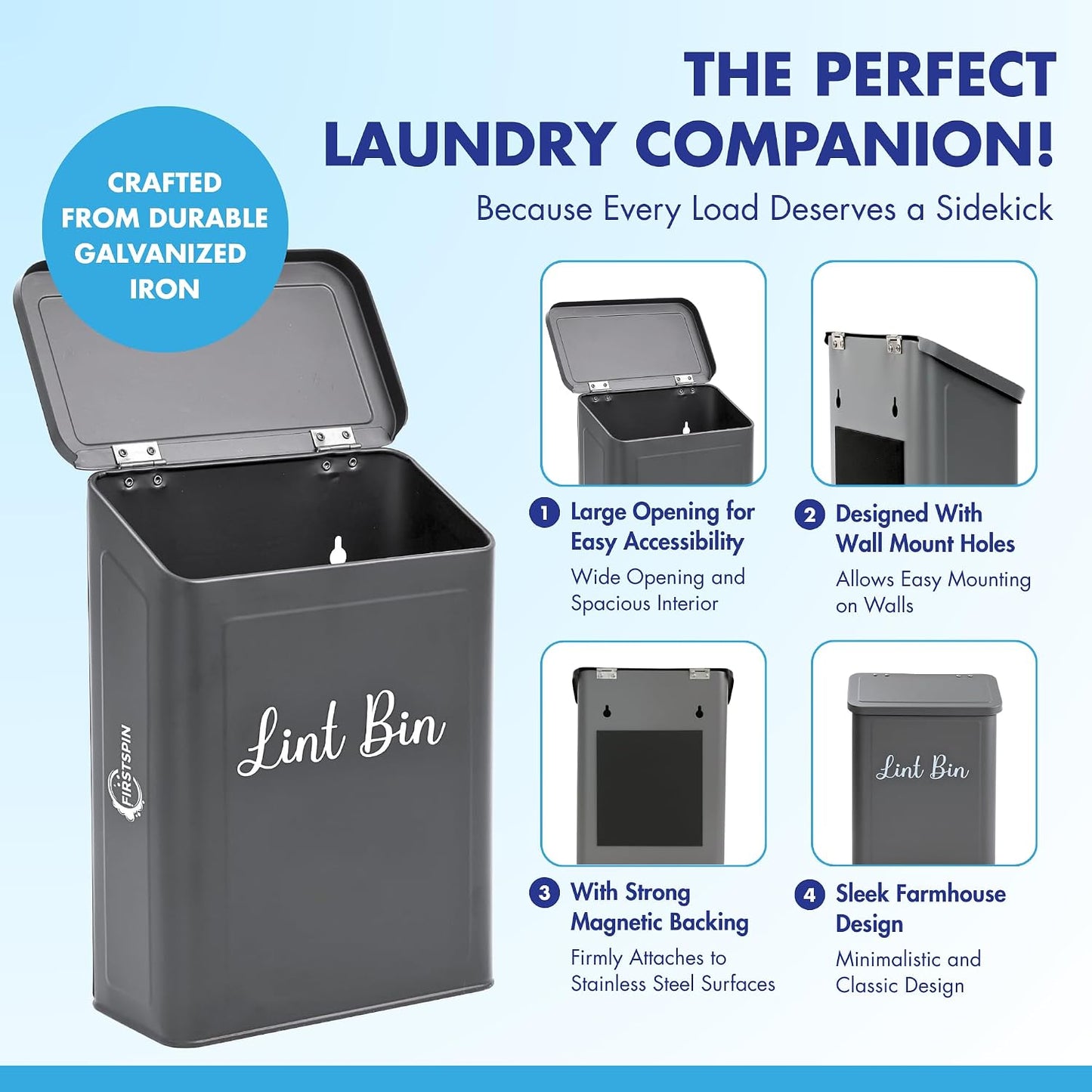 Magnetic Lint Bin for Laundry Room – Black Metal Lint Holder with Lid – Wall Mount & Magnetic Trash Can – Modern Farmhouse Style for Laundry Room Organization and Storage