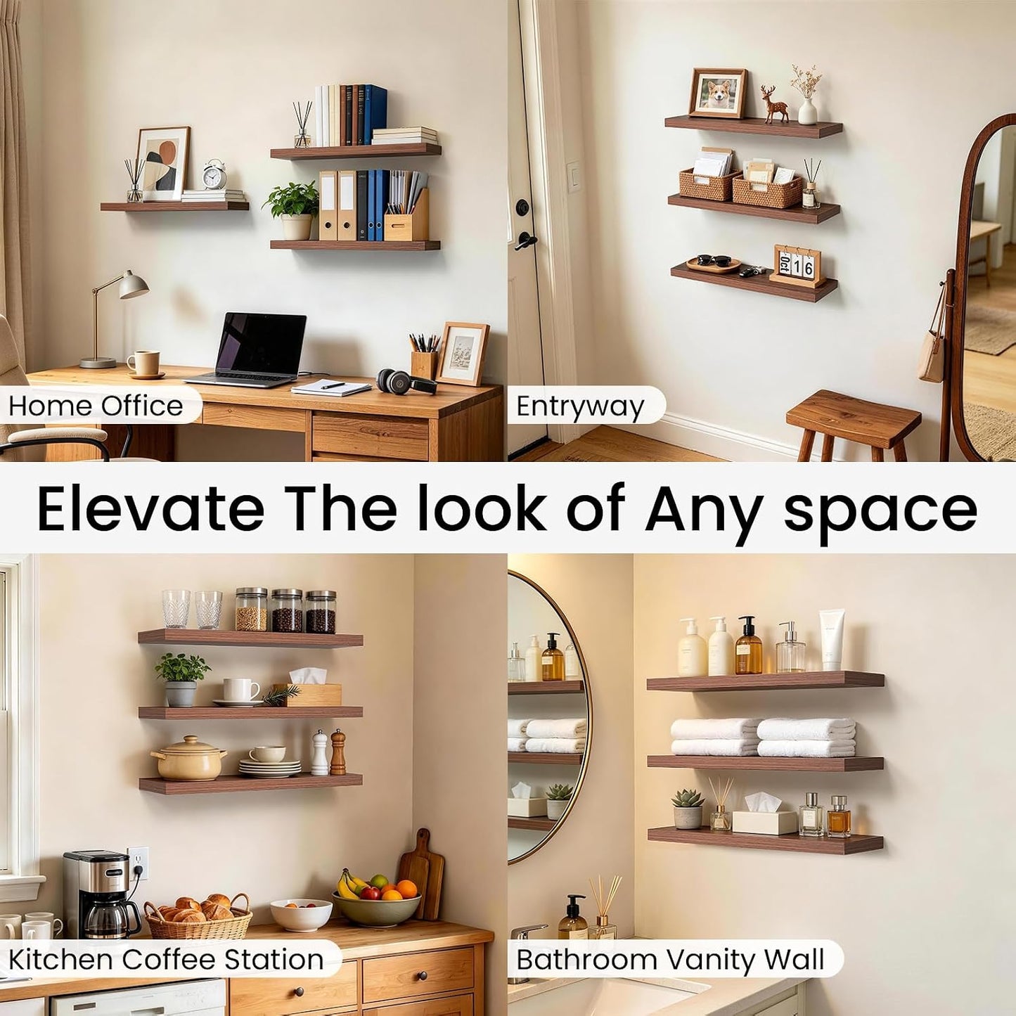 BAYKA Rustic Brown Floating Shelves 22.5in, Set of 2, Wall Mount Wood Shelf | Easy Install, 22lbs Max Load, Hidden Bracket, for Bathroom Bedroom Living Room or Kitchen, Hanging Shelf Book Decor Storage