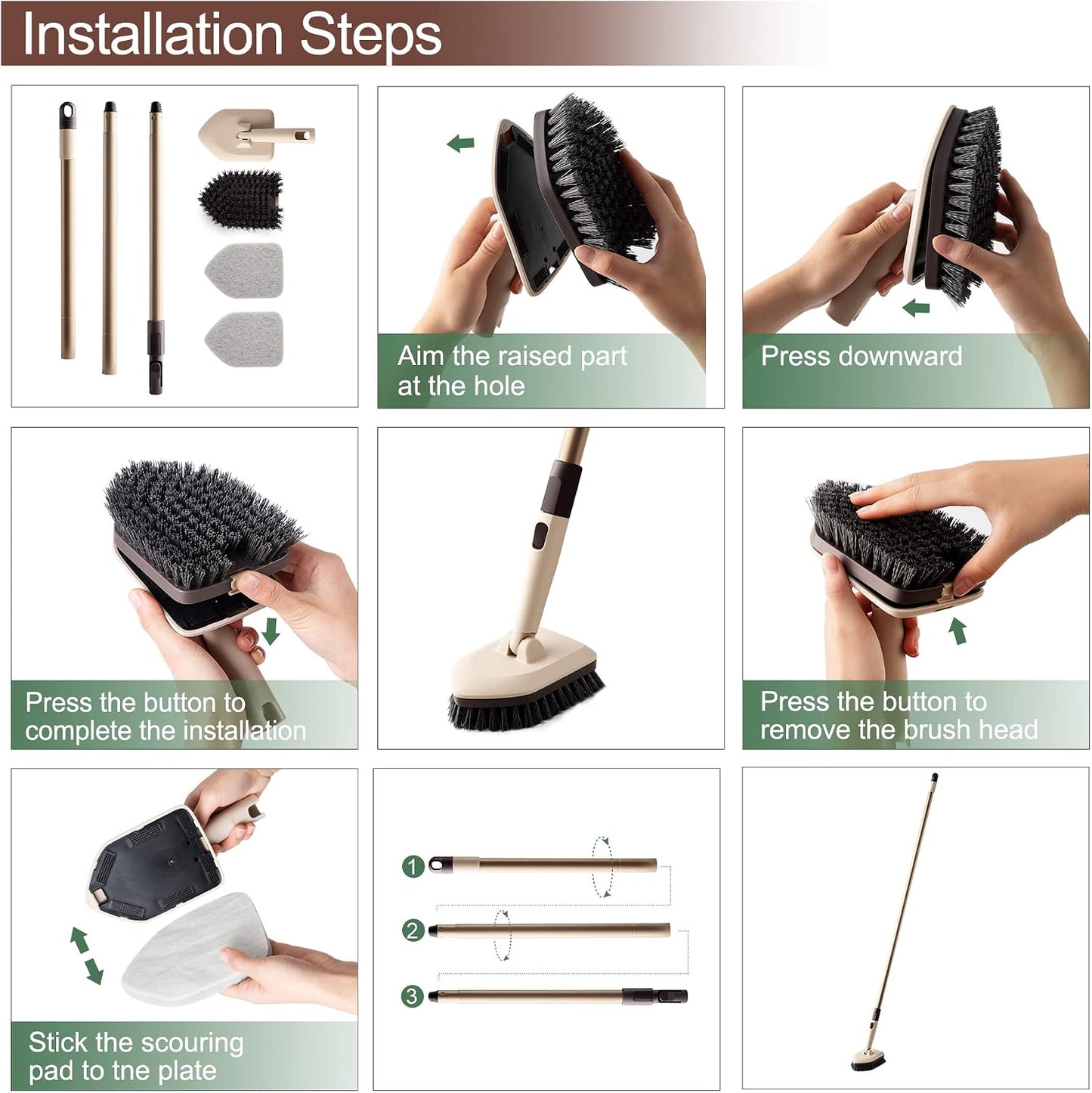 Eyliden Tub & Tile Scrubber Kit with Long Handle, 2 Different Cleaner Brush | Heavy-Duty Stiff Bristle and 2 Non-Scratch Scrub Pads, for Grout Bath Glass Kitchen Floor Shower Boat Deck RV Wash Cleaning