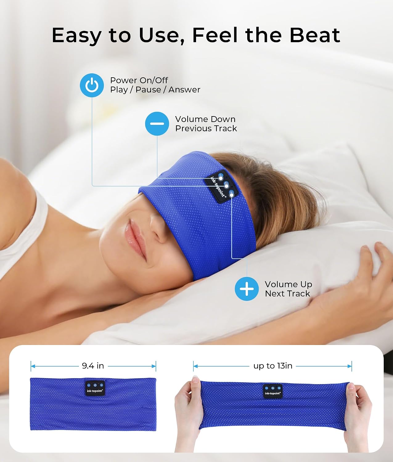 ink-topoint Sleep Headphones Bluetooth Headband, Wireless Sports Earphones | Sleeping Headphone for Side Sleepers with HD Stereo Speakers Breathable Headbands for Running, Yoga, Travel, Women&Men