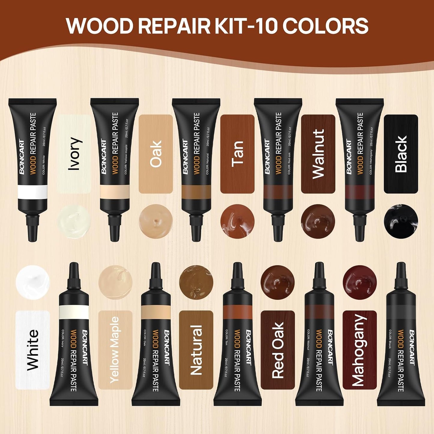 Boncart Wood Furniture Repair Kit, Wood Touch up Fillers | Repair Scratches, Cracks, Paint Chips, and Nail Holes on Furniture, Floors, Doors, Cabinets, and Tables (10 Colors)