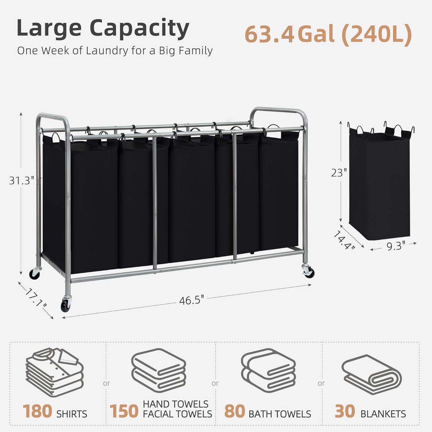 STORAGE MANIAC 3 Section Laundry Sorter, 35.6 Gal (135 L) Laundry Hamper Cart with Heavy Duty Rolling Lockable Wheels and Removable Bags, Clothes Organizer Basket Separator Hamper, Gray