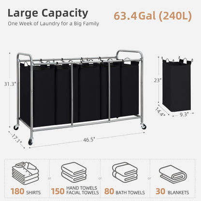 STORAGE MANIAC 3 Section Laundry Sorter, 35.6 Gal (135 L) Laundry Hamper Cart with Heavy Duty Rolling Lockable Wheels and Removable Bags, Clothes Organizer Basket Separator Hamper, Gray