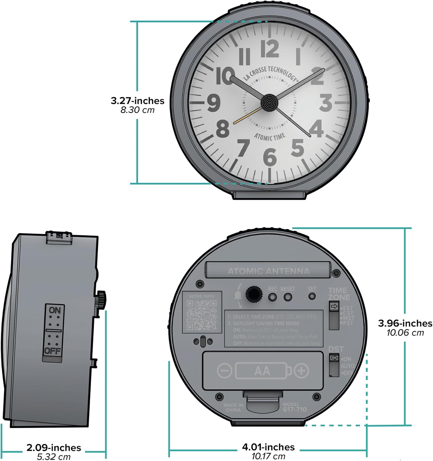 La Crosse Technology 617-710B-INT 4-Inch Round Black Atomic Analog Alarm Clock