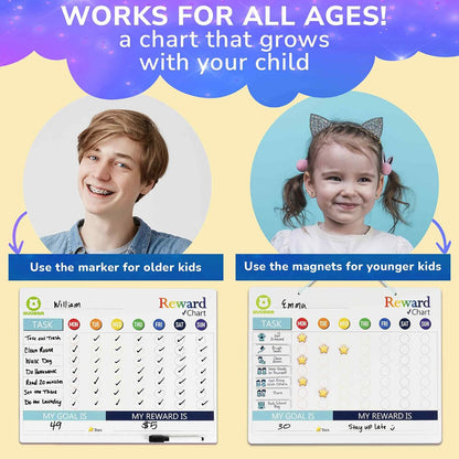 Magnetic Chore Chart for Kids - Reward Behavior Chart for Kids at Home | Dry Erase Morning Routine Schedule Board - Responsibility Star Chart for Toddlers 3-5 - 48 Magnets and 49 Stars