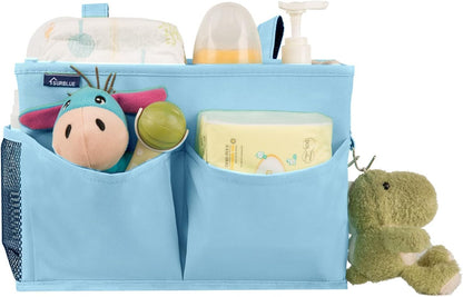 Surblue Bedside Caddy Hanging Organizer Storage Bag Pocket for Bunk, Hospital, College Dorm Rooms, Baby Bed Rails, Camp - 4 Pockets, 2 Hooks (Blue)