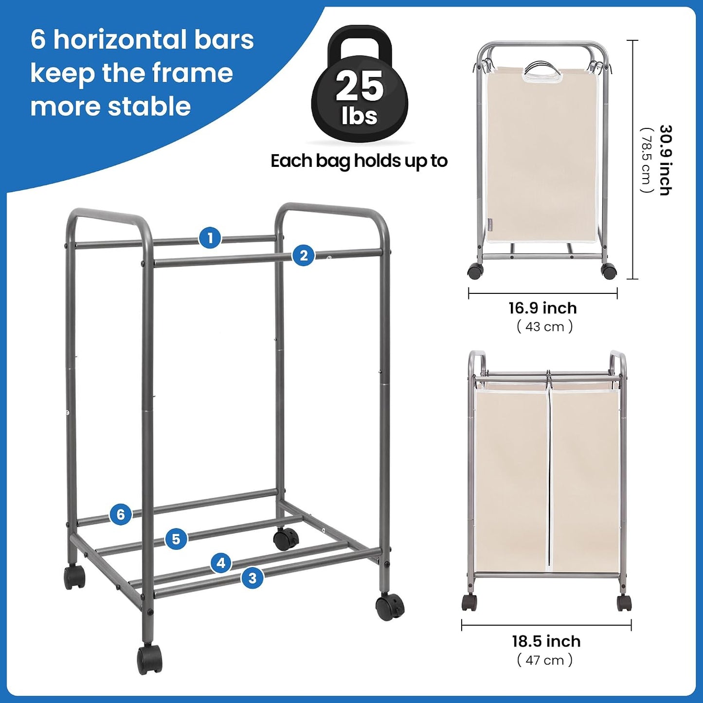 STORAGE MANIAC 3 Section Laundry Sorter, 35.6 Gal (135 L) Laundry Hamper Cart with Heavy Duty Rolling Lockable Wheels and Removable Bags, Clothes Organizer Basket Separator Hamper, Gray