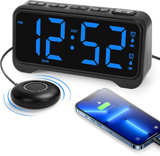 Loud Alarm Clock for Heavy Sleepers Adults, Vibrating Alarm Clock for Teens/Deaf, 7.5" Bright Clear Digital Screen, Adjustable Brightness with Night Light, 3 Levels Bed Shaker Under Pillow, Dual Alarm