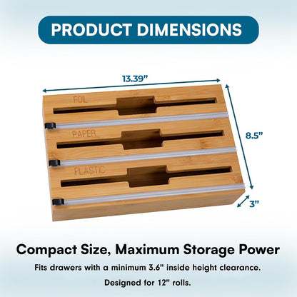 Honey-Can-Do Bamboo Wrap Organizer with Safety Cutter — 3-in-1 Drawer Holder for Aluminum Foil, Wax & Parchment Paper, and Plastic Wrap (Fits 12" Rolls)