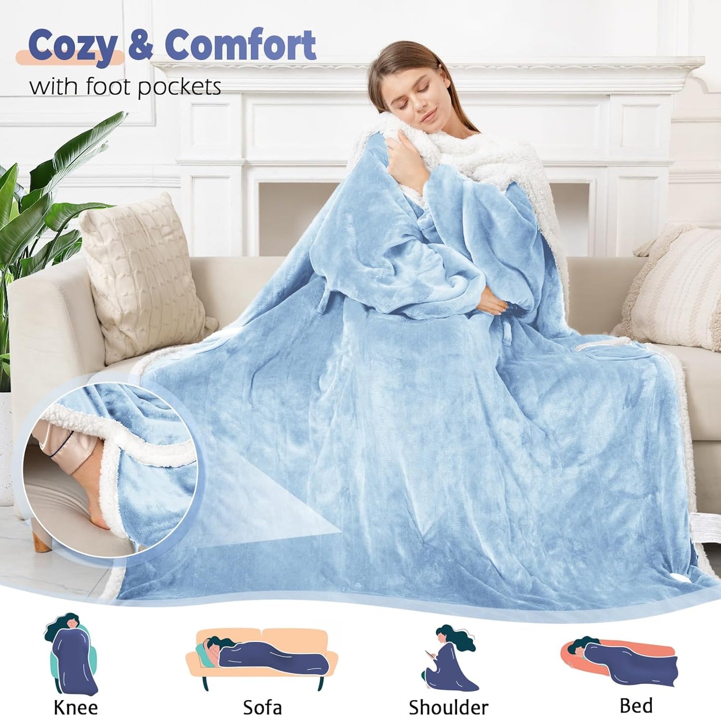 Wearable Heated Blanket with Foot Pocket, Electric Wearable Throw Blanket with Sleeves, Hood, Portable Heated Blanket with 8 Heat Settings, 1-10 Hours Auto Shut-off, Gift for Family, Friends, 50*70"