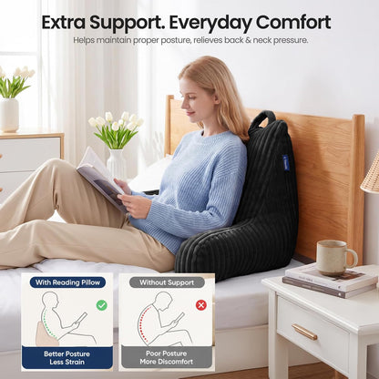 Reading Pillow for Sitting up in Bed, Adjustable Memory Foam Bed Rest Pillow, Wide-wale Plush Cover Machine Washable, Neck Back and Lumbar Support Pillow-Grey