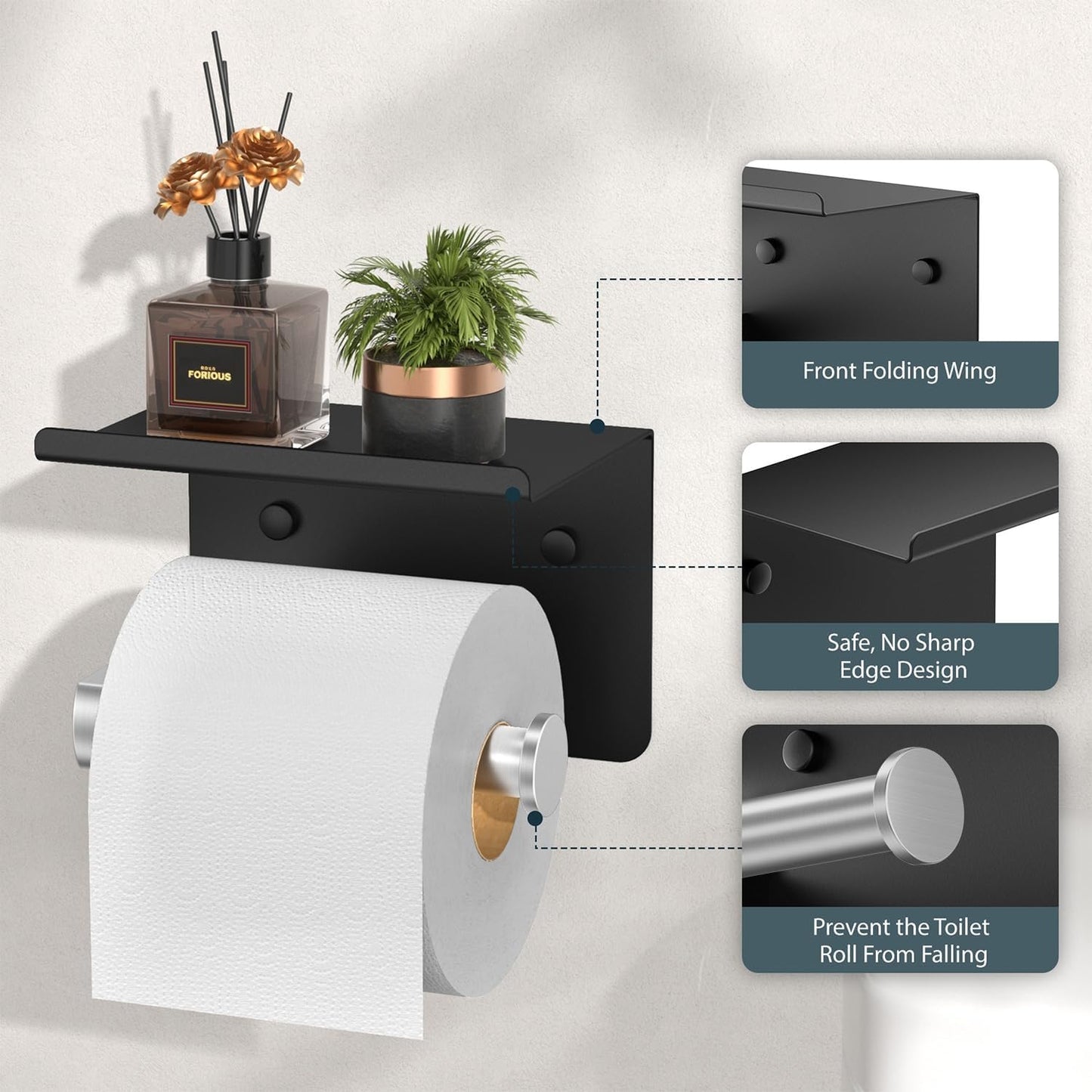 FORIOUS Toilet Paper Holder with Shelf, Adhesive or Screw, Commercial | Brushed Nickel | Wall Mount Bathroom Tissue Holder | SUS304 Stainless Steel Rustproof | Bathroom Tissue Roll Holder
