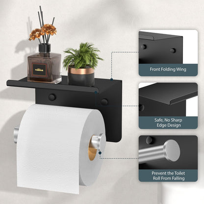 FORIOUS Toilet Paper Holder with Shelf, Adhesive or Screw, Commercial | Brushed Nickel | Wall Mount Bathroom Tissue Holder | SUS304 Stainless Steel Rustproof | Bathroom Tissue Roll Holder