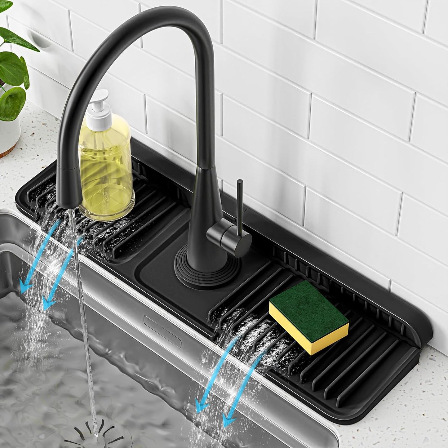 PoYang 24 Inch Faucet Mat for Kitchen Sink Splash Guard, Silicone, Black | Sink Protectors with 7° Slope for Smooth Drainage, Snap Button Holds It in Place, 90° Foldable & Cuttable Hole Fit Most Sinks