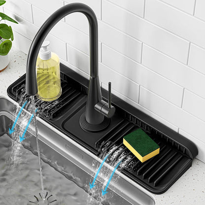PoYang 24 Inch Faucet Mat for Kitchen Sink Splash Guard, Silicone, Black | Sink Protectors with 7° Slope for Smooth Drainage, Snap Button Holds It in Place, 90° Foldable & Cuttable Hole Fit Most Sinks