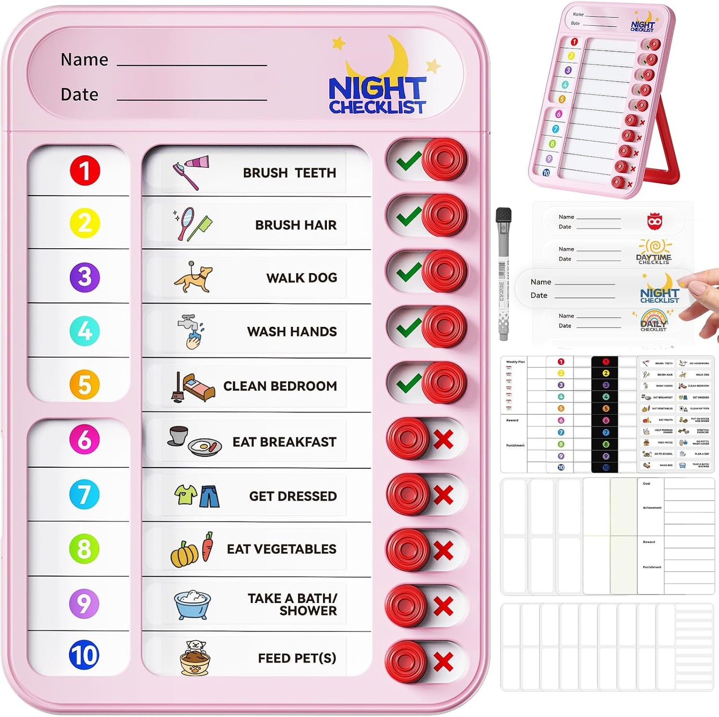 Chore Chart for Kids ADHD Tools to Do List Checklist Magnetic Planning Board with Sliders, Visual Schedule Board with Dry Erase Sheets, Sticker, Marker, Routine Chart for Kids - Pink