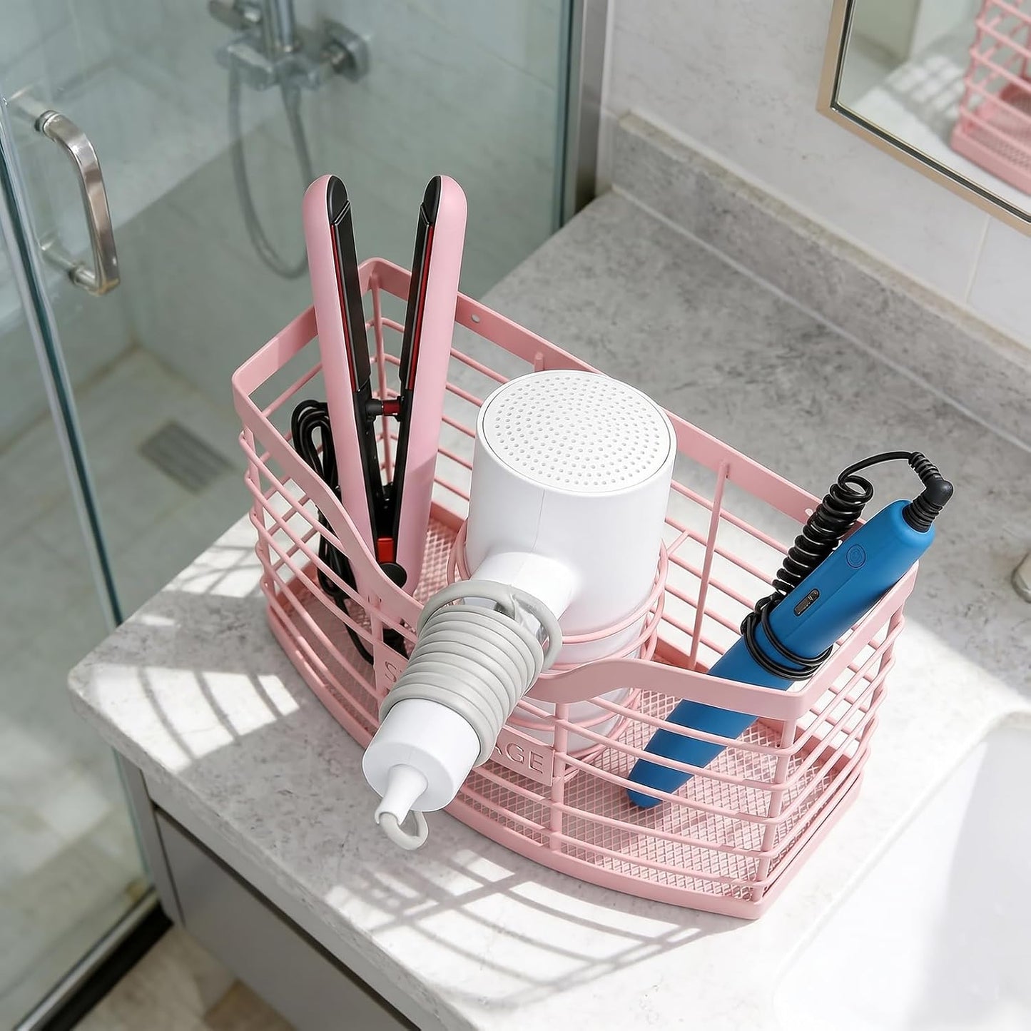 Hair Tool Organizer, Hair Dryer Holder for Bathroom Vanity Counter Cabinet | Dresser Blow Dryer Holder, No Drilling Wall Mount Storage Basket for Blow Dryers, Shaver, Comb, Curling Iron, Straightener