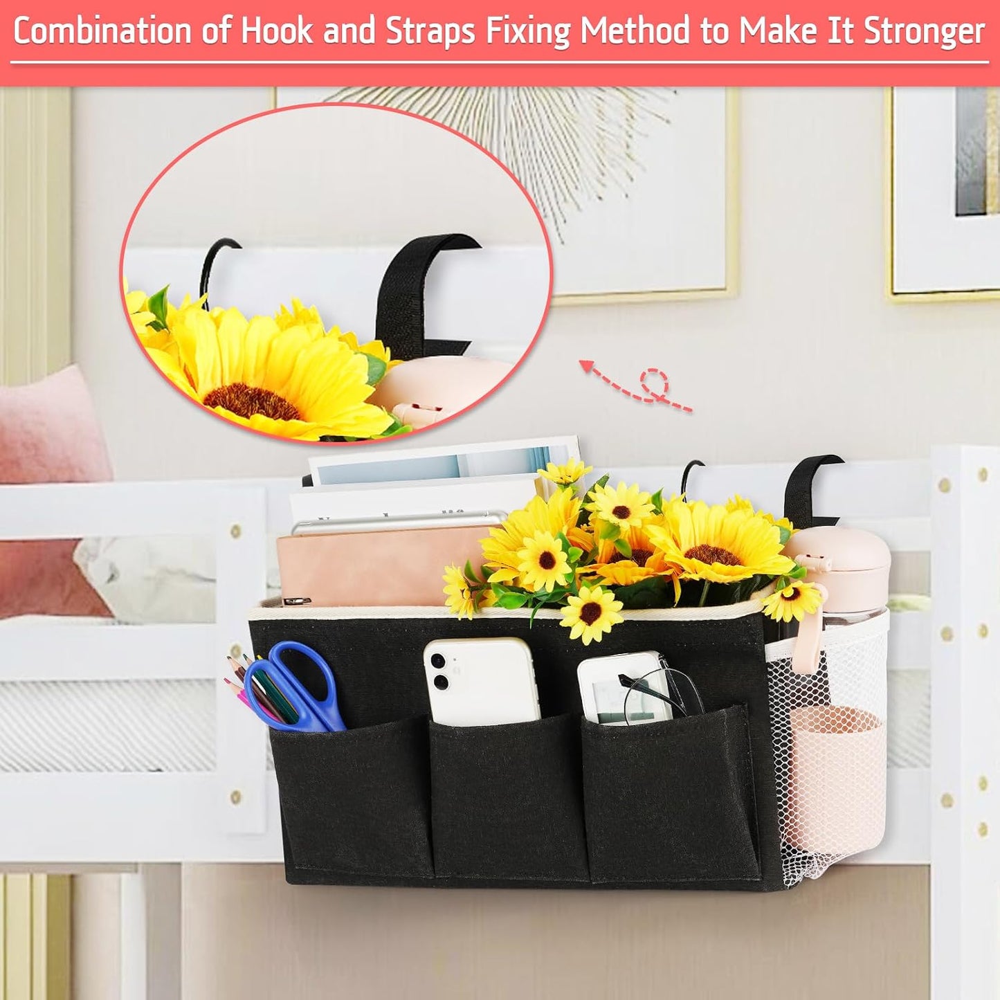 Bedside Caddy, Bedside Storage Bag Hanging Organizer for Bunk Dorm Bed Rail | Bed Caddy with Hooks, Top Bunks and Dorm Essentials for Water, Tissues, Tablets, Books, Phones, Remotes and Other Necessories