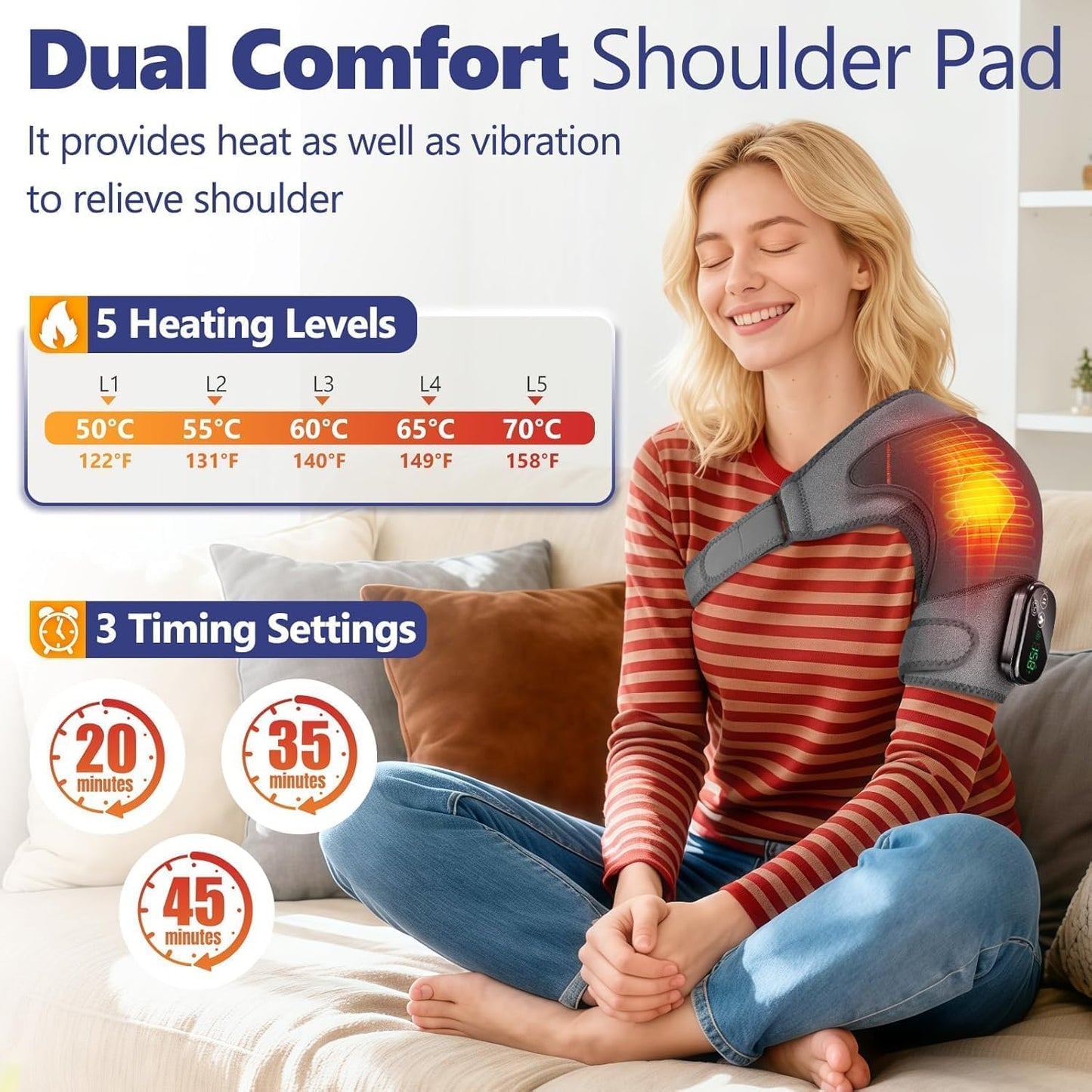 Cordless Shoulder Heating Pad with Massage for Pain Relief Deep Tissue | Enlarged Shoulder Massager, 5 Temperature and 3 Timer Settings, 5 Massage Modes Heated Shoulder Wrap for Women and men