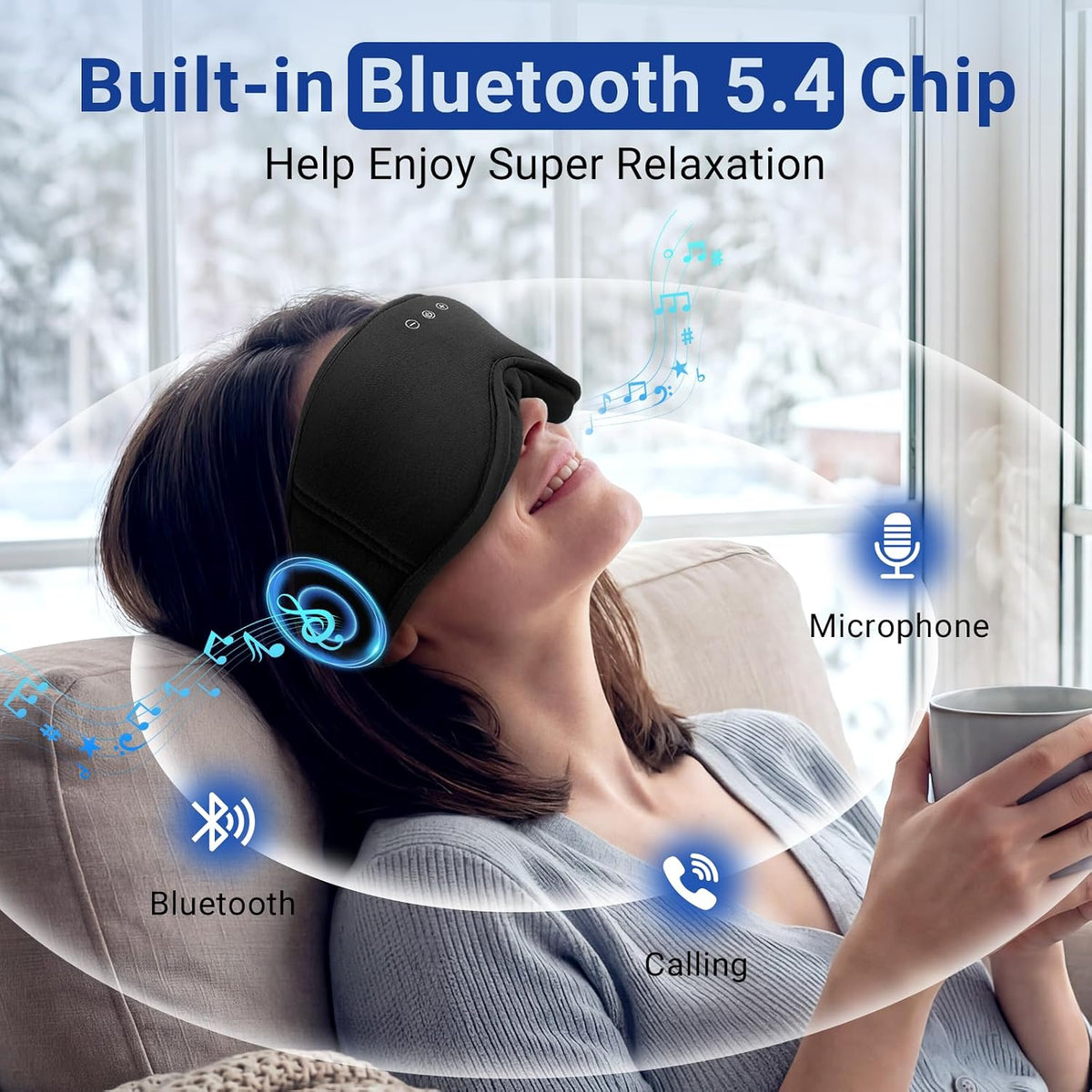Bamboo Cotton Sleep Mask with Bluetooth Headphones, 100% Blackout, Grey