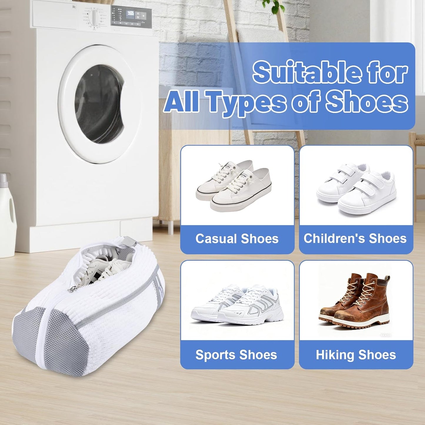 2 PCS Shoe Washing Machine Bags Laundry Shoe Bag for Washer and Dryer | Large L-Shaped Opening, Insole Mesh Pockets, Hidden Self-locking Zipper, 360° Deep Cleaning, For Sneakers and All Shoes Types