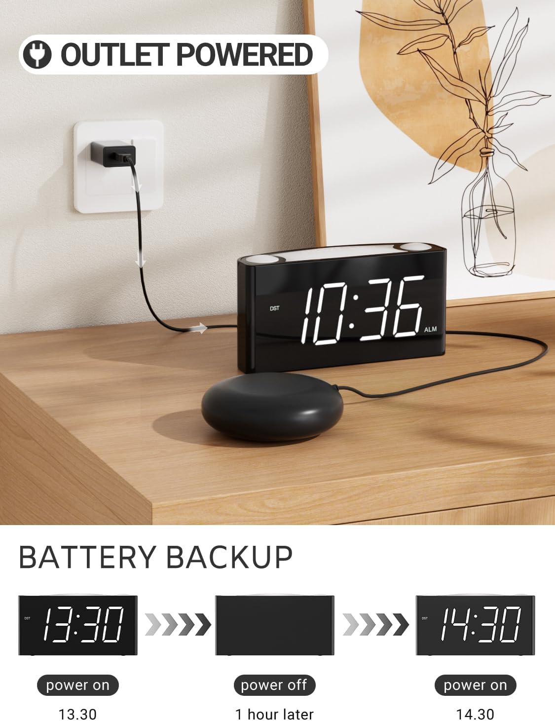 Extra Loud Vibrating Alarm Clock with Bed Shaker for Heavy Sleeper Deaf Hard of Hearing, Large LED Display Digital Clock for Bedroom,Dimmer,Night Light,USB Phone Charger,Battery Backup,Senior Teen Kid