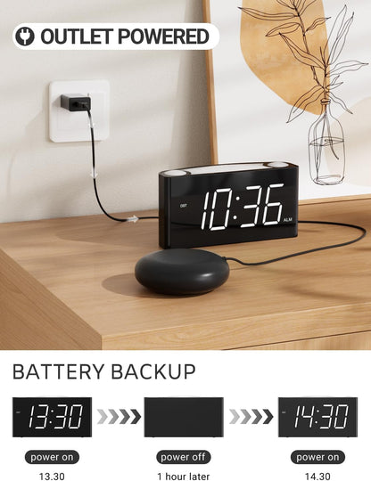 Extra Loud Vibrating Alarm Clock with Bed Shaker for Heavy Sleeper Deaf Hard of Hearing, Large LED Display Digital Clock for Bedroom,Dimmer,Night Light,USB Phone Charger,Battery Backup,Senior Teen Kid