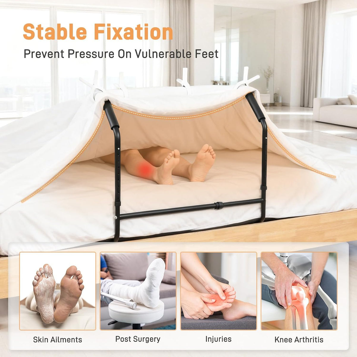 Blanket Lifter for Feet Under Mattress with 4 Clips–Extra-wide Foot Tent Keep Blankets Off Feet, Height Width Adjustable Bed Cradle Lift Bar Sheet Support for Enhanced Foot Toe Leg and Knee Comfort