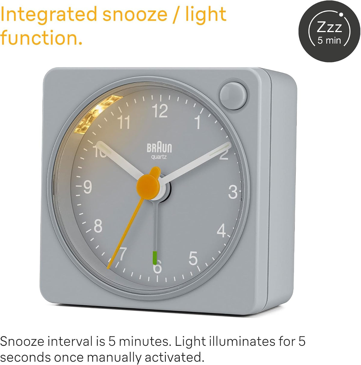 Braun Classic Travel Analogue Alarm Clock with Snooze and Light, Compact Size, Quiet Quartz Movement, Crescendo Beep Alarm in Black and White, Model BC02XBW.