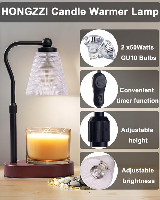 Candle Warmer Lamp with Timer, Dimmable, Adjustable Height, Oval | 2 bulbs included, no flame needed, 1-year warranty, farmhouse or modern decor, for bedroom, kitchen, living room, gifting