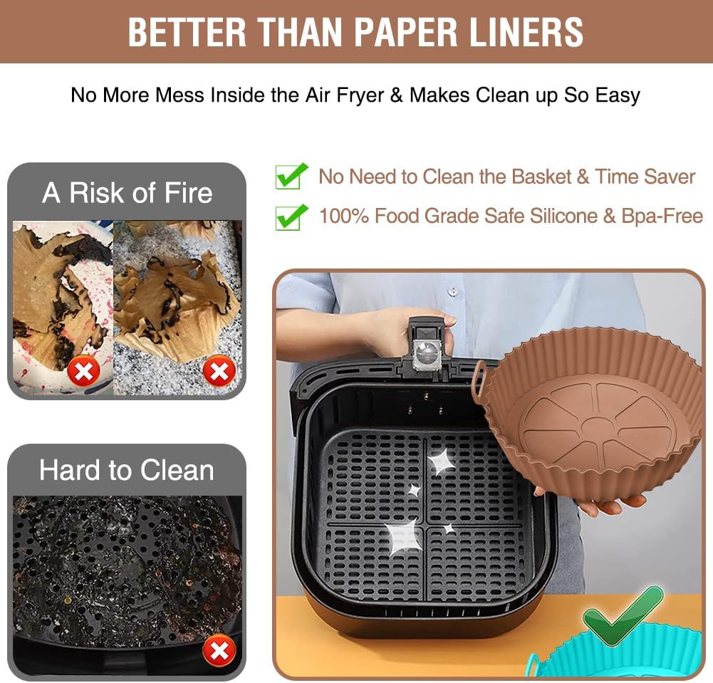 Silicone Air Fryer Liner 2 Pack, Xabzhzn 9 inch Non-Stick Reusable Air Fryer Liners for 5 to 6 7 8 QT Square and Round Basket, Airfryer Silicone Pot Baking Tray Oven Microwave Accessories, Blue+Brown