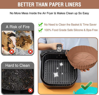 Silicone Air Fryer Liner 2 Pack, Xabzhzn 9 inch Non-Stick Reusable Air Fryer Liners for 5 to 6 7 8 QT Square and Round Basket, Airfryer Silicone Pot Baking Tray Oven Microwave Accessories, Blue+Brown