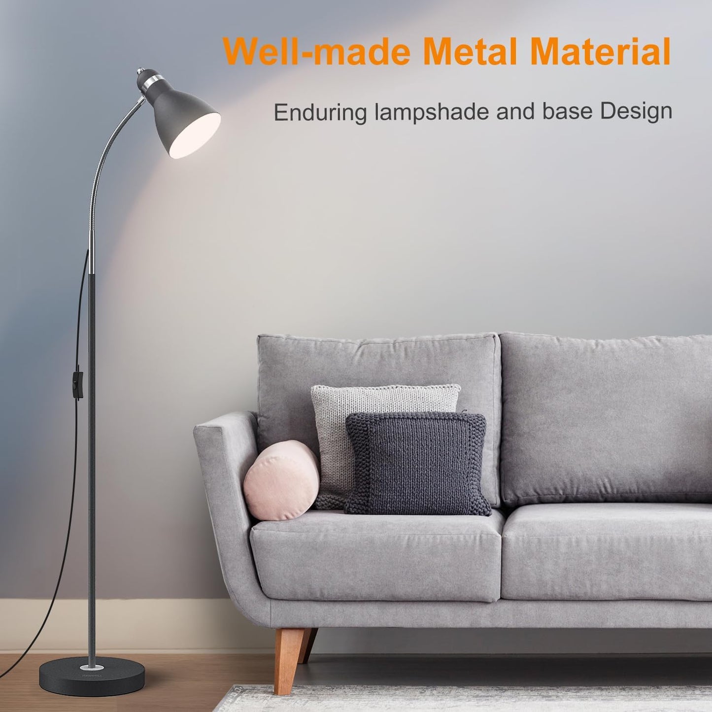LEPOWER Floor Lamp, Metal Standing Lamp with Adjustable Gooseneck for Dorm | Easy to Assemble, E26 Base, Sturdy Metal Base, Convenient Switch, Task Reading Pole Lights for Office & Bedroom, Living Room
