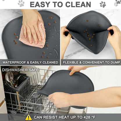 SMILOOL Waterproof Silicone Pet Food Mat with Raised Edge for Dog & Cat | 19" x 12" Non-Slip Pet Feeding Mats with Lip for Food & Water Bowl, Food Grade, Easy Cleaning, Black