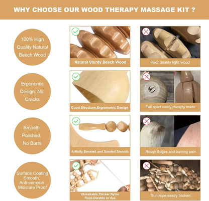 Wood Therapy Massage Tools Maderoterapia Kit Body Sculpting Tools for Lymphatic Drainage and Anti-Cellulite .Wood Massager Roller Rpoe for Back and Muscle Pain Relief (Medium)