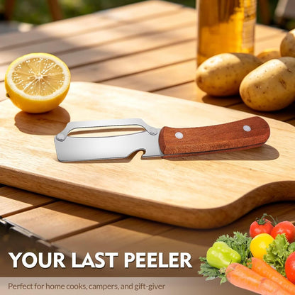 Multifunctional Vegetable Potato Peeler for Kitchen，Wooden-Handled Stainless Steel Sharp Peeler Knife with Built-In Bottle Opener for Veggie, Fruit, Potato, Carrot, Apple Ergo 1PCS